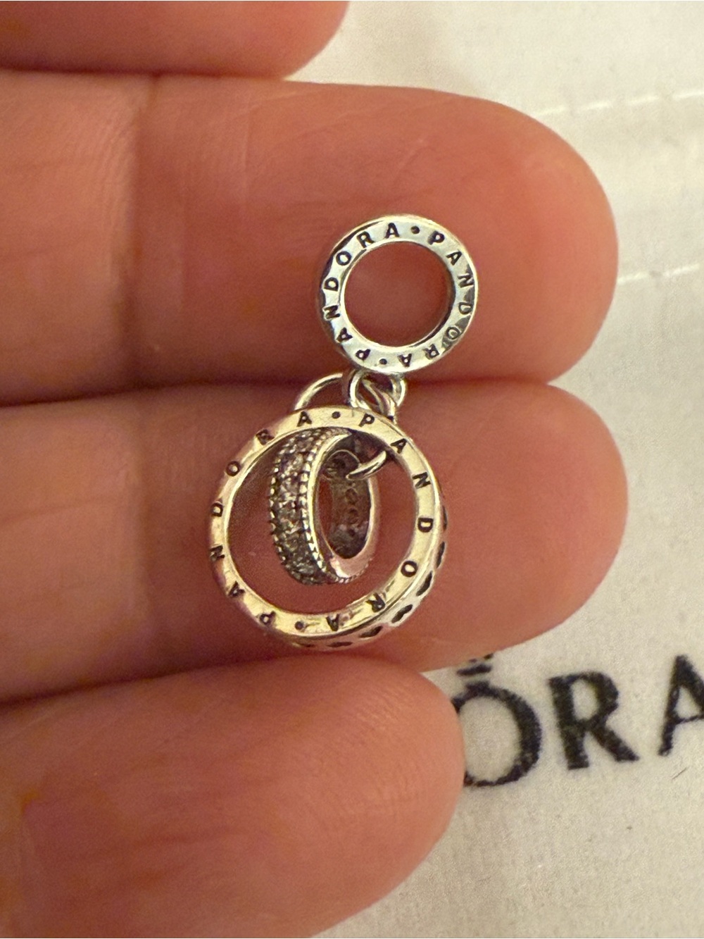 Pandora Silver Double Ring Dangle Charm with Pave Accent